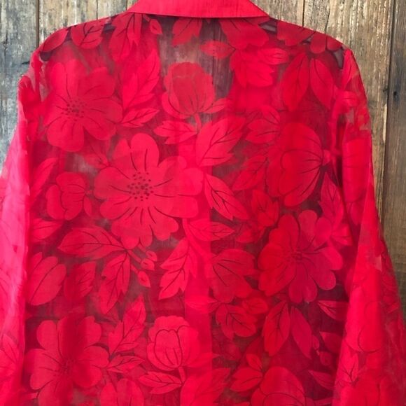 Sheer Button Down L* Floral Red Rhinestone Valentines Evening Relaxed Fit Shirt - Picture 4 of 7